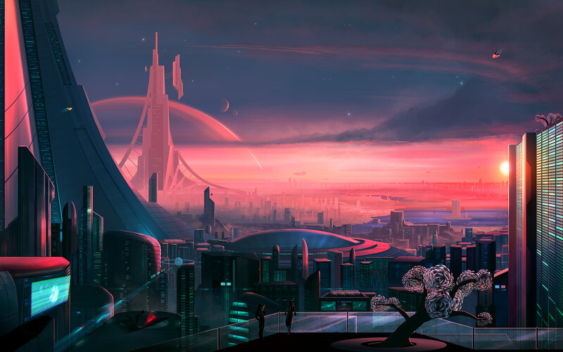 Futuristic Cityscape — Pink, Dramatic, Sunset, Digital Art, Skyscrapers, Solar Eclipse