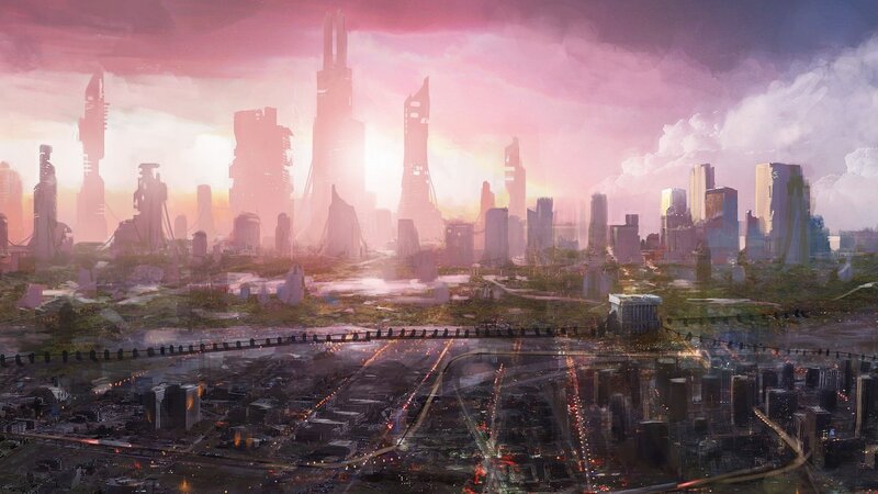 Futuristic Cityscape — Pink, Dramatic, Sunset, Digital Art, Skyscrapers
