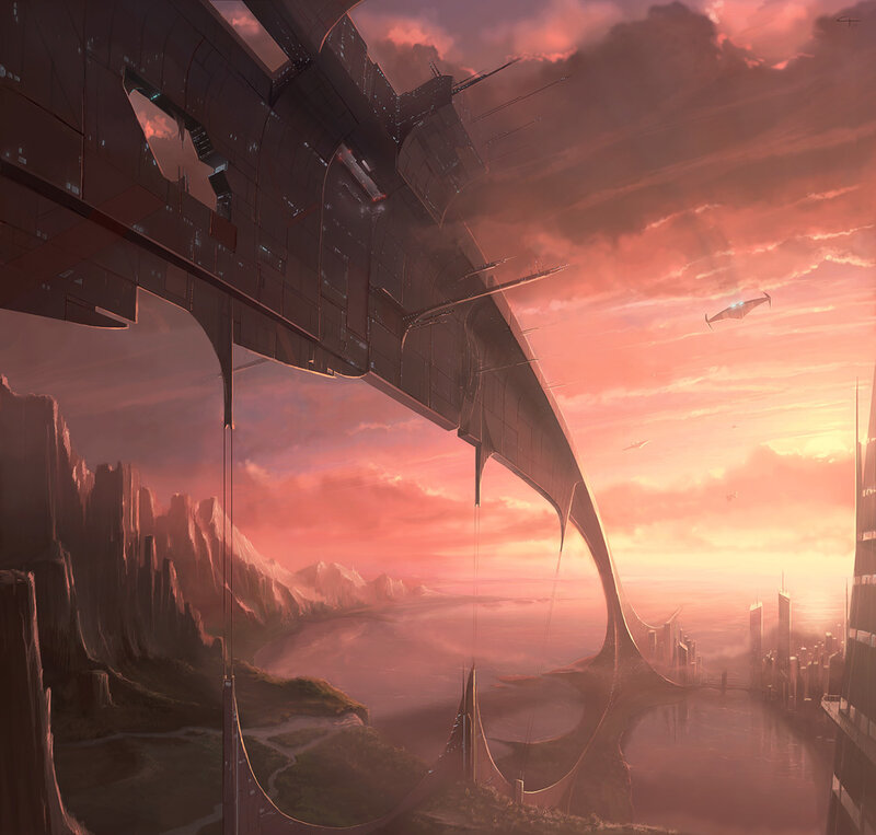 Futuristic Cityscape — Pink, Dramatic, Sunset, Digital Art, Spaceship
