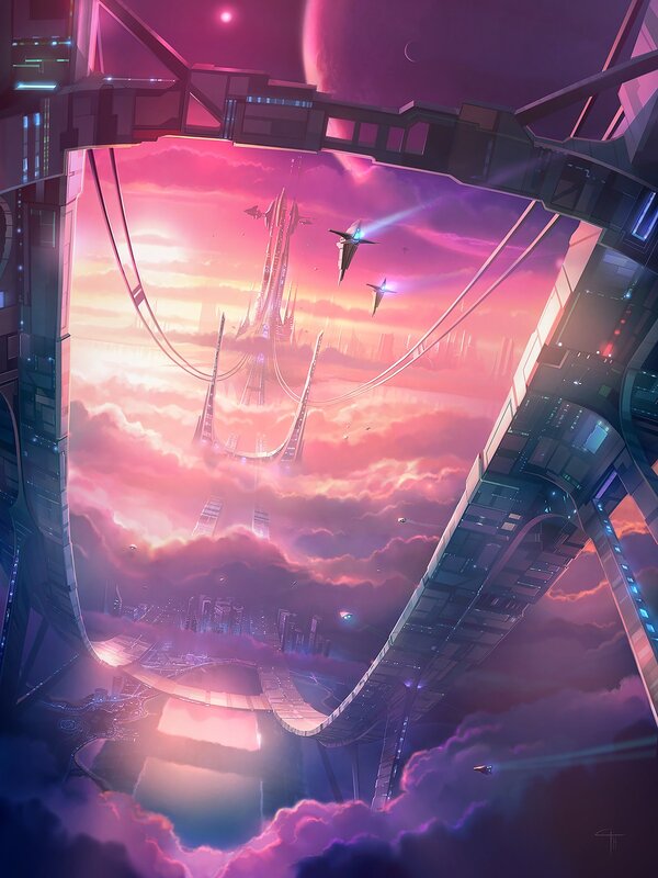 Futuristic Cityscape — Pink, Dramatic, Sunset, Digital Art, Spaceships