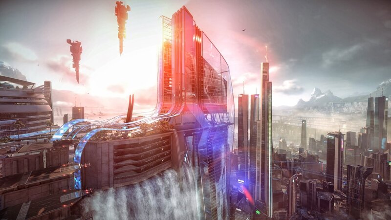 Futuristic Cityscape — Pink, Dramatic, Sunset, Digital Art