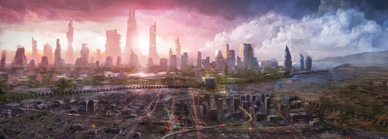 Futuristic Cityscape — Pink, Dramatic, Sunset