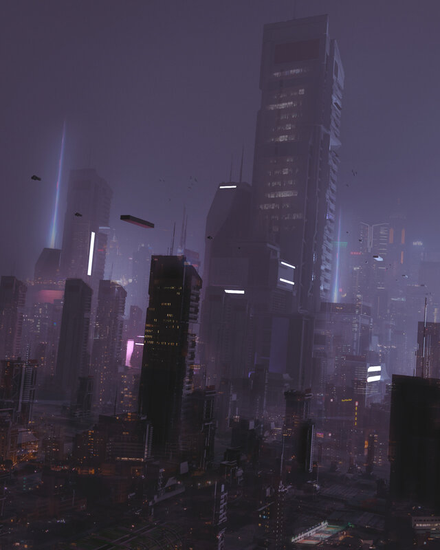 Futuristic Cityscape — Purple, Dark, Night