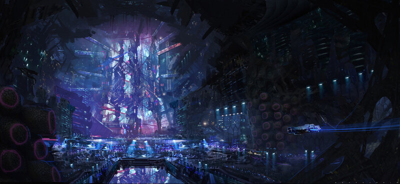 Futuristic Cityscape — Purple, Dark