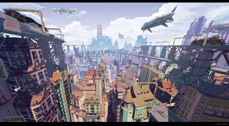 Futuristic Cityscape — Purple, Dramatic, Afternoon, Digital Art, Aircraft