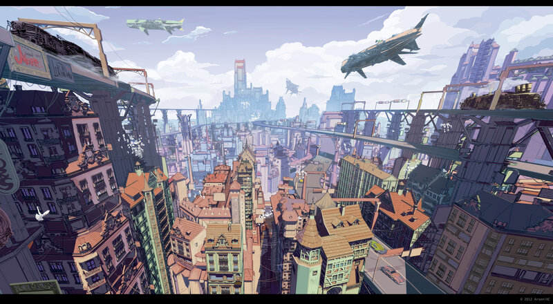 Futuristic Cityscape — Purple, Dramatic, Afternoon