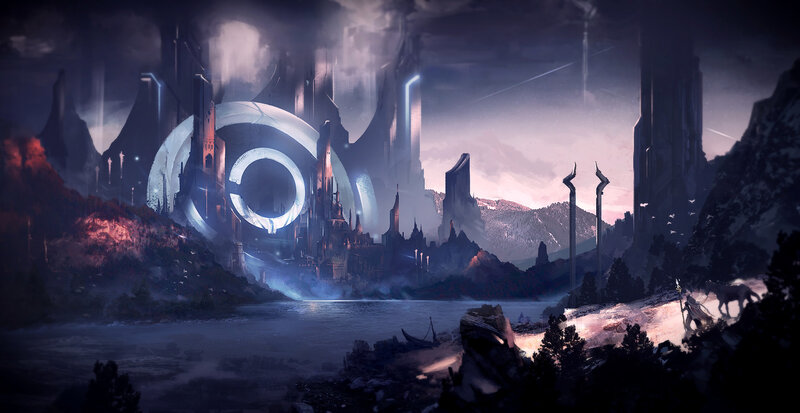 Futuristic Cityscape — Purple, Dramatic, Night, Digital Art, Castle