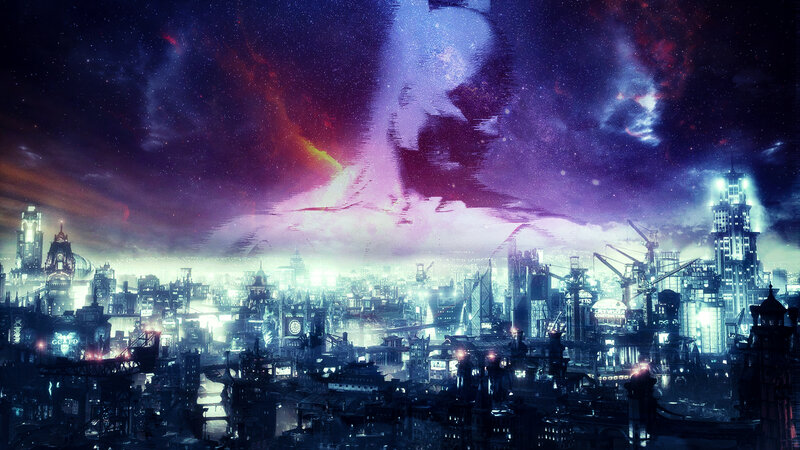 Futuristic Cityscape — Purple, Dramatic, Night, Digital Art, City, Sky, Cranes