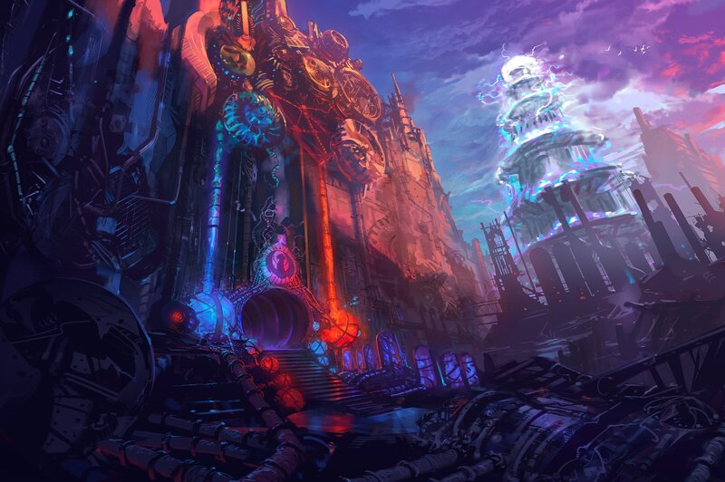 Futuristic Cityscape — Purple, Dramatic, Night, Digital Art, Mechanical Structures
