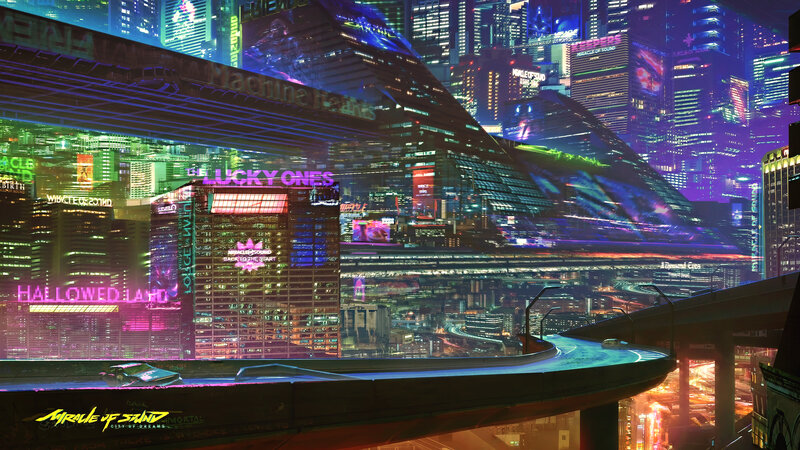Futuristic Cityscape — Purple, Dramatic, Night, Digital Art, Neon Signs, Skyscrapers