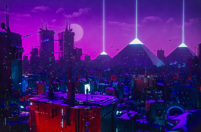 Futuristic Cityscape — Purple, Dramatic, Night, Digital Art, Pyramids