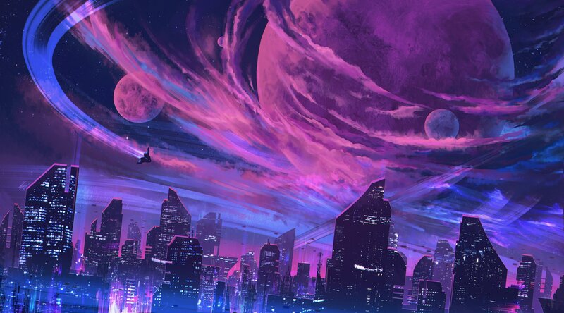Futuristic Cityscape — Purple, Dramatic, Night, Digital Art, Skyscraper, Planet, Moon