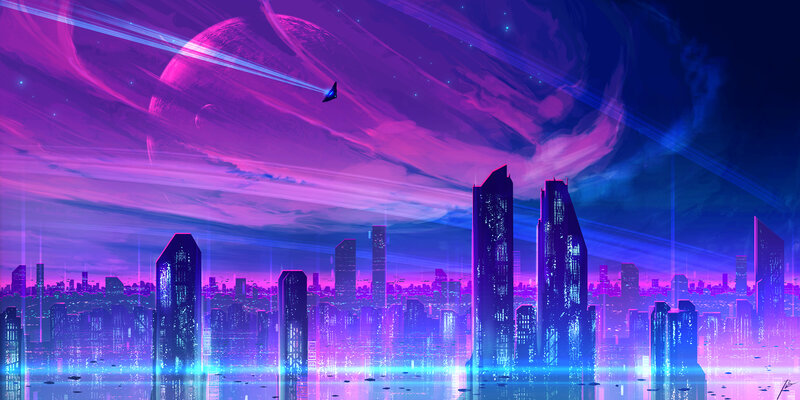 Futuristic Cityscape — Purple, Dramatic, Night, Digital Art, Skyscraper, Planet