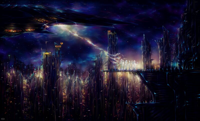 Futuristic Cityscape — Purple, Dramatic, Night, Digital Art, Skyscraper, Spaceship