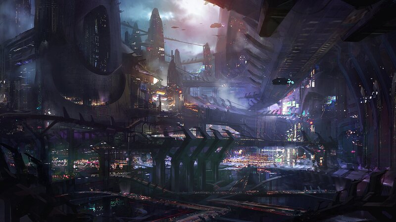 Futuristic Cityscape — Purple, Dramatic, Night, Digital Art, Skyscrapers, Aircraft, Bridges