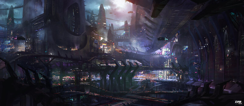 Futuristic Cityscape — Purple, Dramatic, Night, Digital Art, Skyscrapers, Bridges