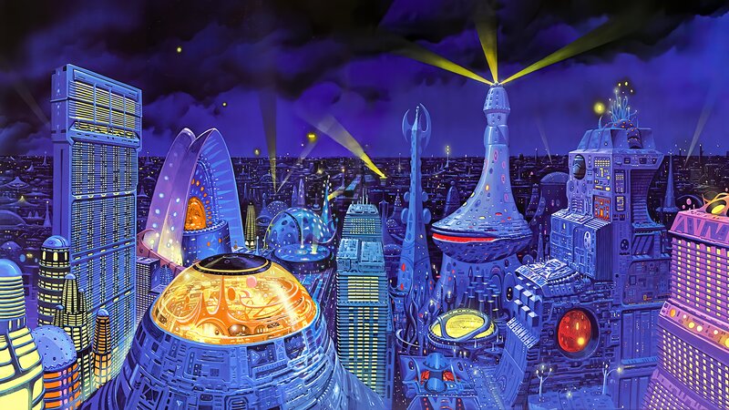 Futuristic Cityscape — Purple, Dramatic, Night, Digital Art, Skyscrapers, Dome Structures