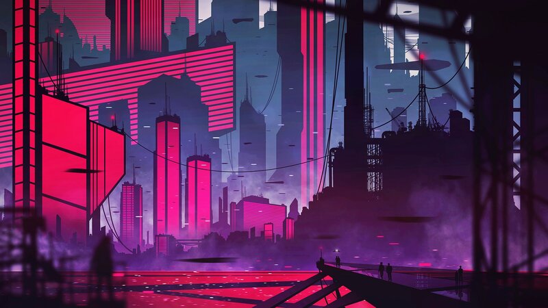 Futuristic Cityscape — Purple, Dramatic, Night, Digital Art, Skyscrapers, Neon Lights, Silhouettes