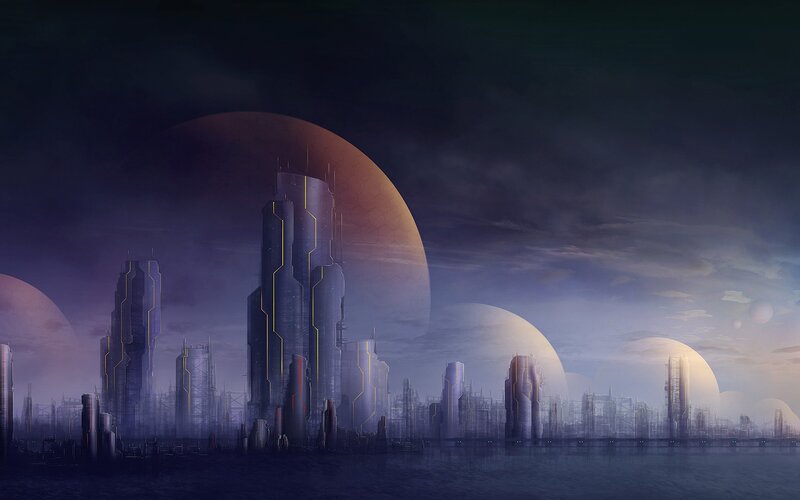 Futuristic Cityscape — Purple, Dramatic, Night, Digital Art, Skyscrapers, Planets