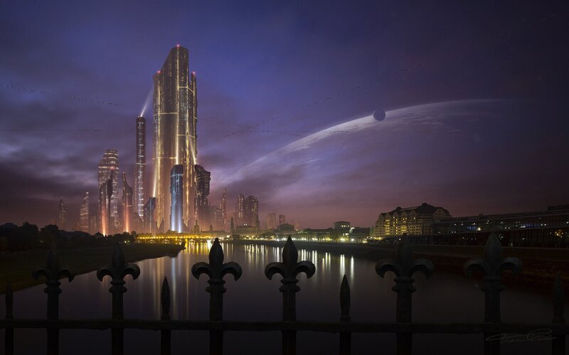 Futuristic Cityscape — Purple, Dramatic, Night, Digital Art, Skyscrapers, River