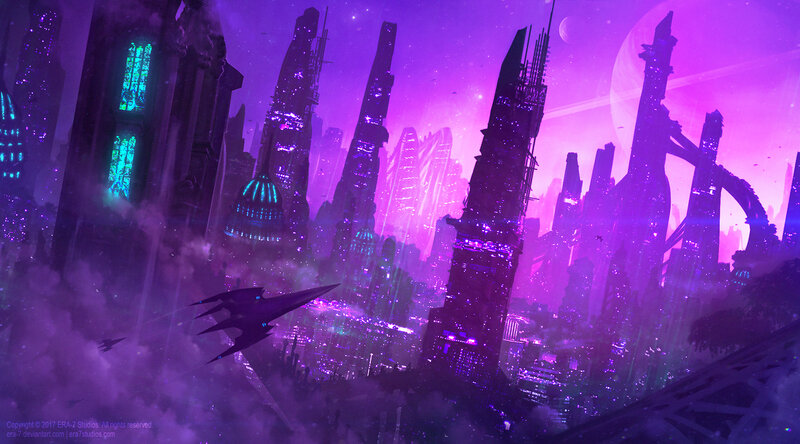 Futuristic Cityscape — Purple, Dramatic, Night, Digital Art, Skyscrapers, Spaceships