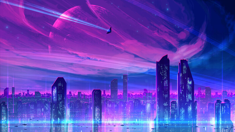 Futuristic Cityscape — Purple, Dramatic, Night, Digital Art, Spacecraft
