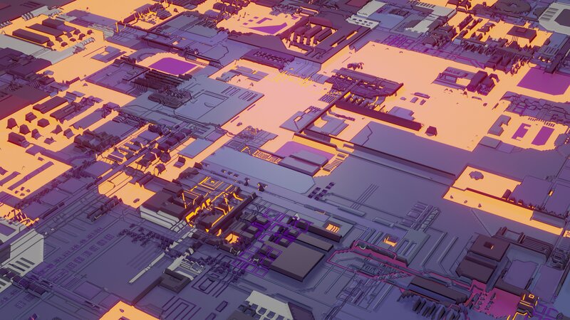 Futuristic Cityscape — Purple, Dramatic, Sunset, 3d Render