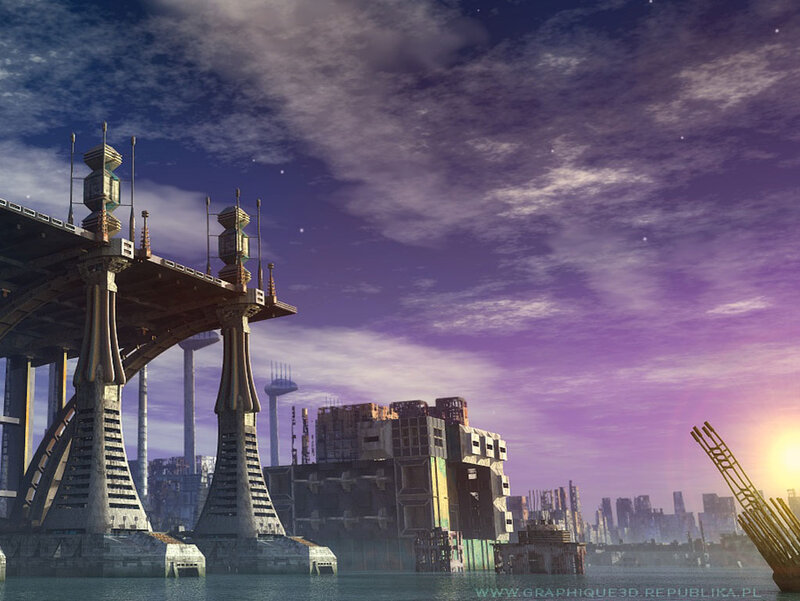 Futuristic Cityscape — Purple, Dramatic, Sunset, Digital Art, Bridge