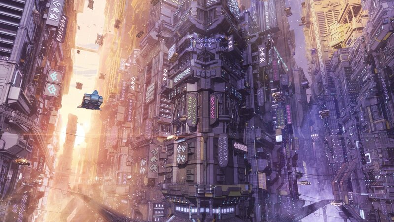 Futuristic Cityscape — Purple, Dramatic, Sunset, Digital Art, Buildings