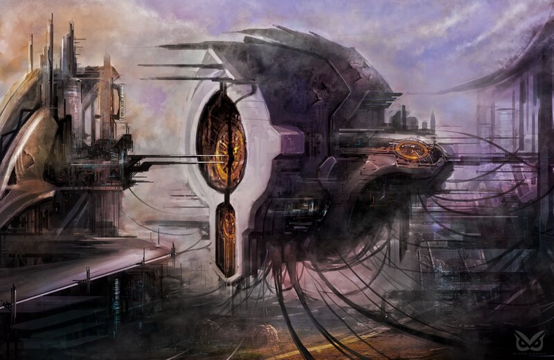 Futuristic Cityscape — Purple, Dramatic, Sunset, Digital Art, City, Ship