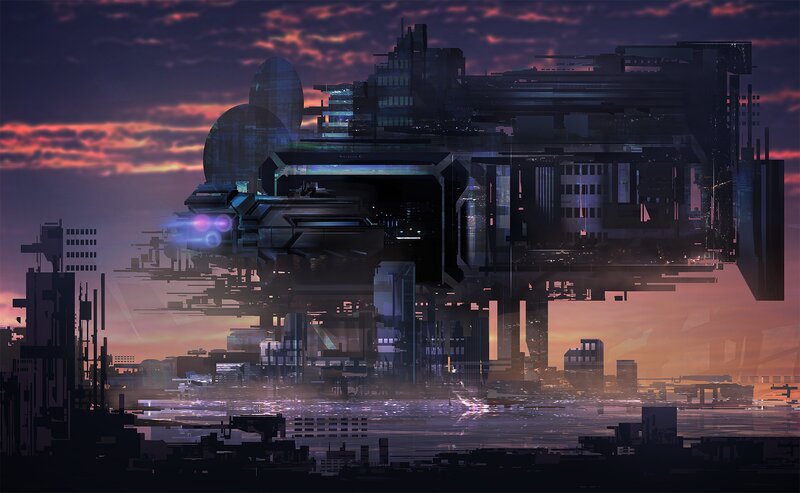 Futuristic Cityscape — Purple, Dramatic, Sunset, Digital Art, Skyline, Spacecraft