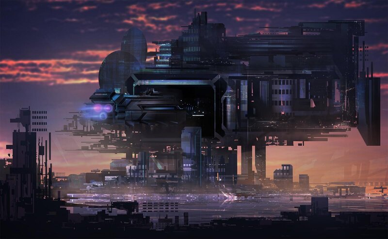 Futuristic Cityscape — Purple, Dramatic, Sunset, Digital Art, Skyline