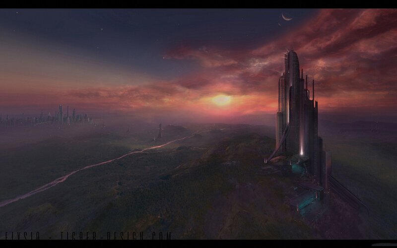 Futuristic Cityscape — Purple, Dramatic, Sunset, Digital Art, Skyscraper, Moon, Orange, Black