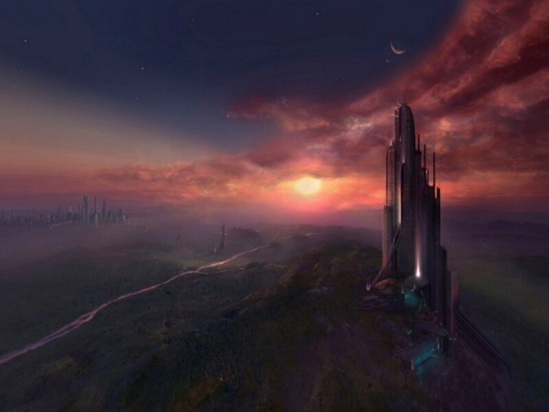 Futuristic Cityscape — Purple, Dramatic, Sunset, Digital Art, Skyscraper