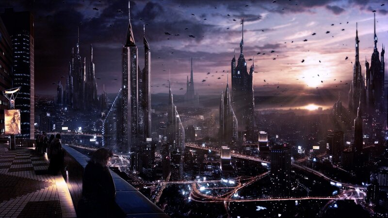 Futuristic Cityscape — Purple, Dramatic, Sunset, Digital Art, Skyscrapers, Aircraft, Black, Orange