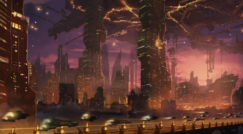 Futuristic Cityscape — Purple, Dramatic, Sunset, Digital Art, Skyscrapers, Aircraft, Space Station
