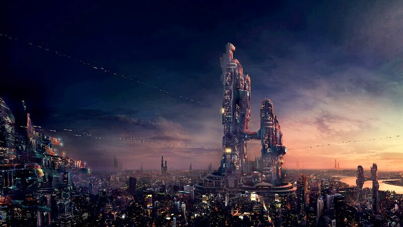Futuristic Cityscape — Purple, Dramatic, Sunset, Digital Art, Skyscrapers, Aircraft