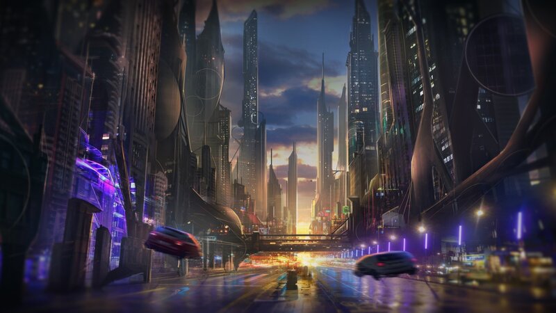 Futuristic Cityscape — Purple, Dramatic, Sunset, Digital Art, Skyscrapers, Cars