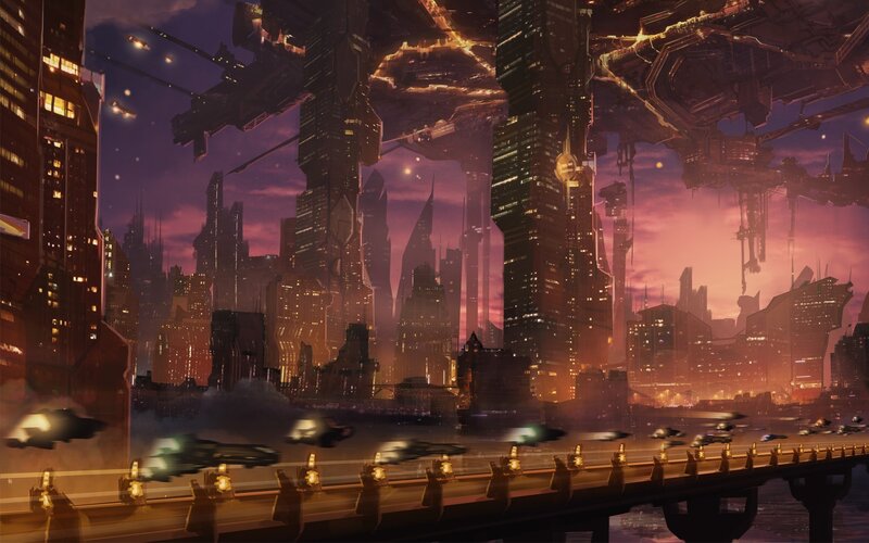 Futuristic Cityscape — Purple, Dramatic, Sunset, Digital Art, Skyscrapers, Flying Vehicles
