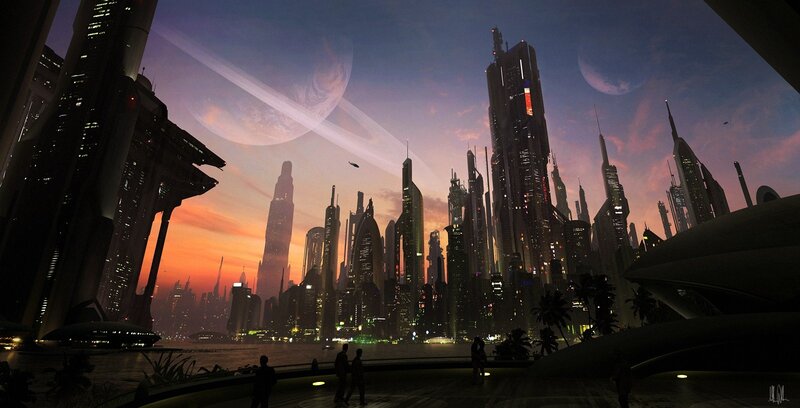 Futuristic Cityscape — Purple, Dramatic, Sunset, Digital Art, Skyscrapers, Planets