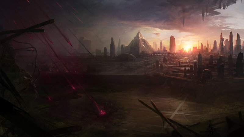Futuristic Cityscape — Purple, Dramatic, Sunset, Digital Art, Skyscrapers, Pyramid Building