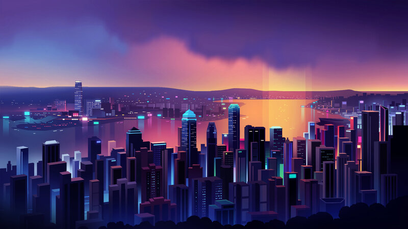 Futuristic Cityscape — Purple, Dramatic, Sunset, Digital Art, Skyscrapers, River