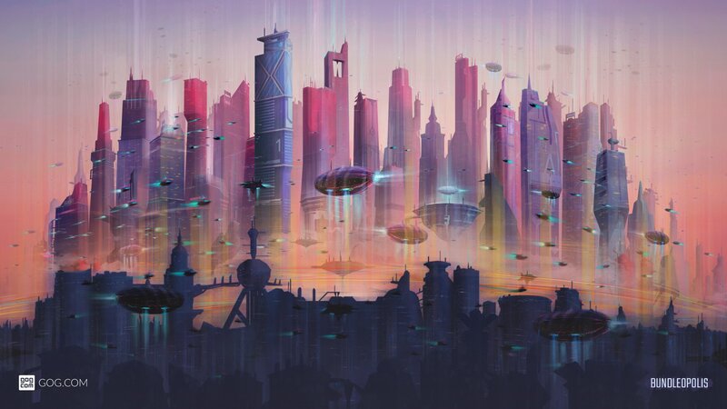 Futuristic Cityscape — Purple, Dramatic, Sunset, Digital Art, Skyscrapers, Spaceships
