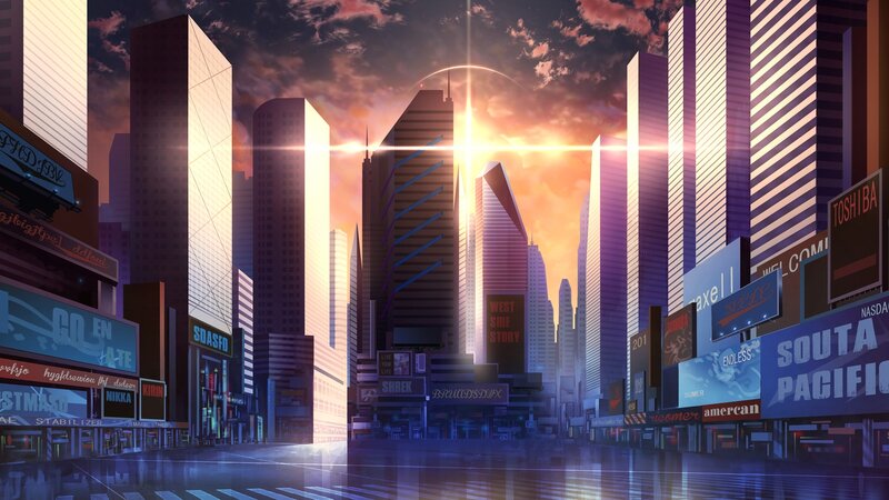 Futuristic Cityscape — Purple, Dramatic, Sunset, Digital Art, Skyscrapers