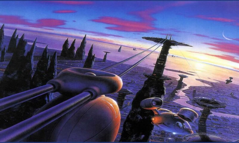 Futuristic Cityscape — Purple, Dramatic, Sunset, Digital Art, Spacecraft
