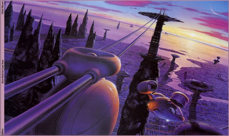 Futuristic Cityscape — Purple, Dramatic, Sunset, Digital Art, Spacecraft, Towers