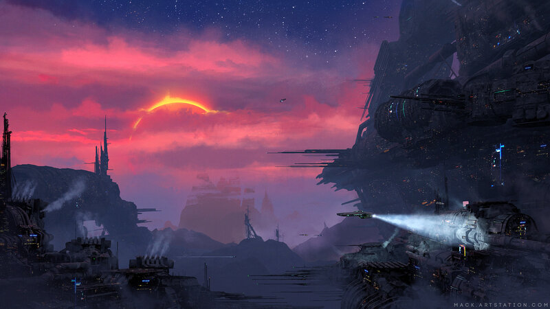 Futuristic Cityscape — Purple, Dramatic, Sunset, Digital Art, Spaceship