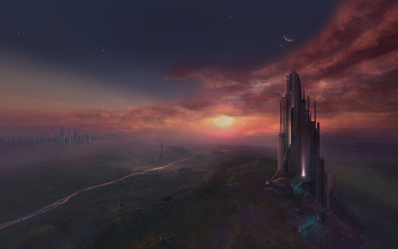 Futuristic Cityscape — Purple, Dramatic, Sunset, Digital Art