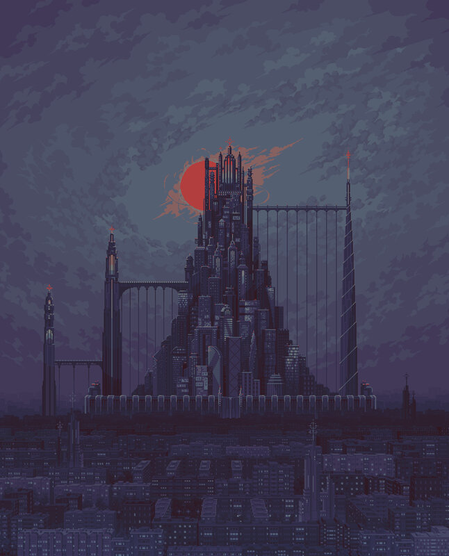 Futuristic Cityscape — Purple, Dramatic, Sunset, Pixel Art