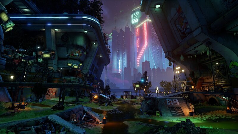 Futuristic Cityscape — Purple, Dystopian, Night, Digital Art, Neon Lights, Ruins